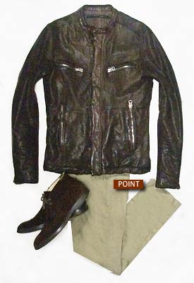 茶色レザージャケットの着こなし